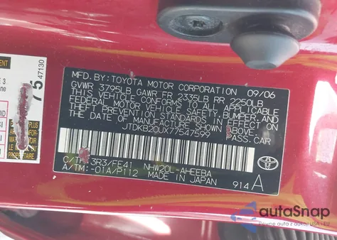 2007 Toyota Prius z USA, uszkodzony, nr VIN JTDKB20UX77547599